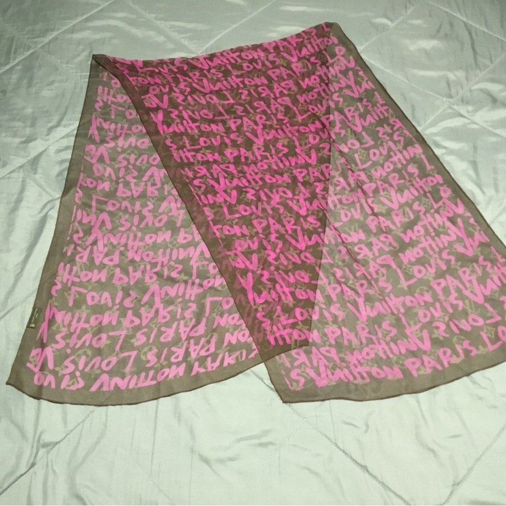 Louis Vuitton Pink and Brown Paris Print Scarf